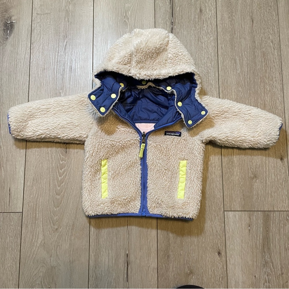 Patagonia Baby Reversible Puff-Ball Jacket - Blue Pink, Sherpa Lined Hooded 12 M - Picture 6 of 10